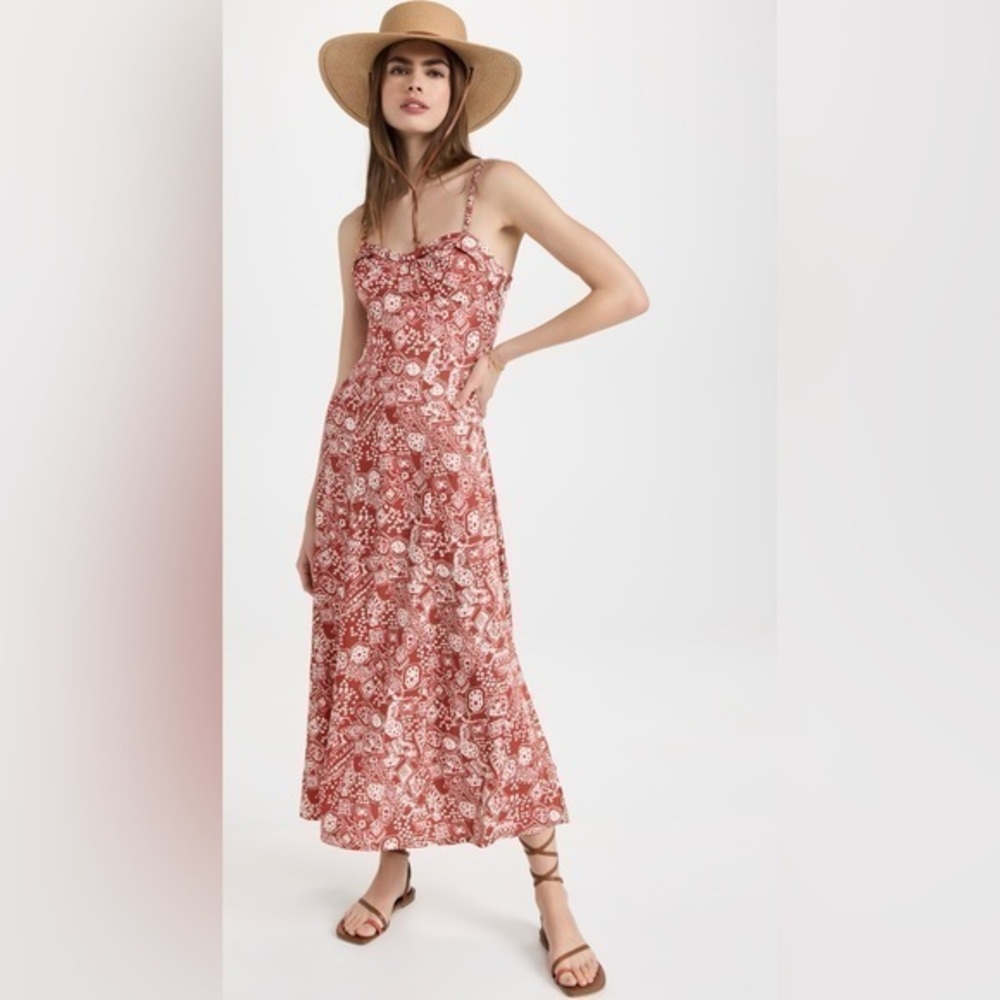 Rebecca Taylor Labyrinth Slip Midi Dress in Patterned Red Clay Cream Combo